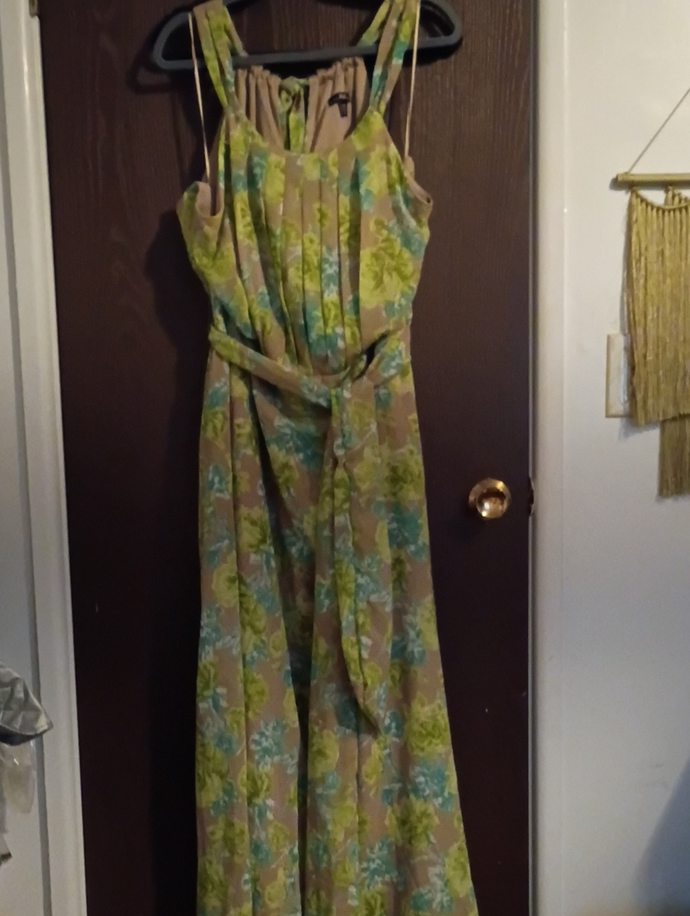 R&K Taupe Maxi Dress with Green & Blue Floral Pattern